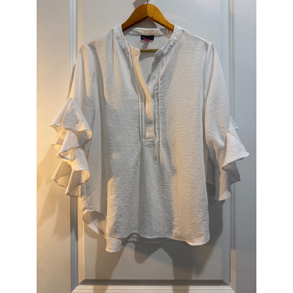 Vince Camuto White Ruffle Tiered Sleeve Blouse Split Neck Top Medium 9060005
